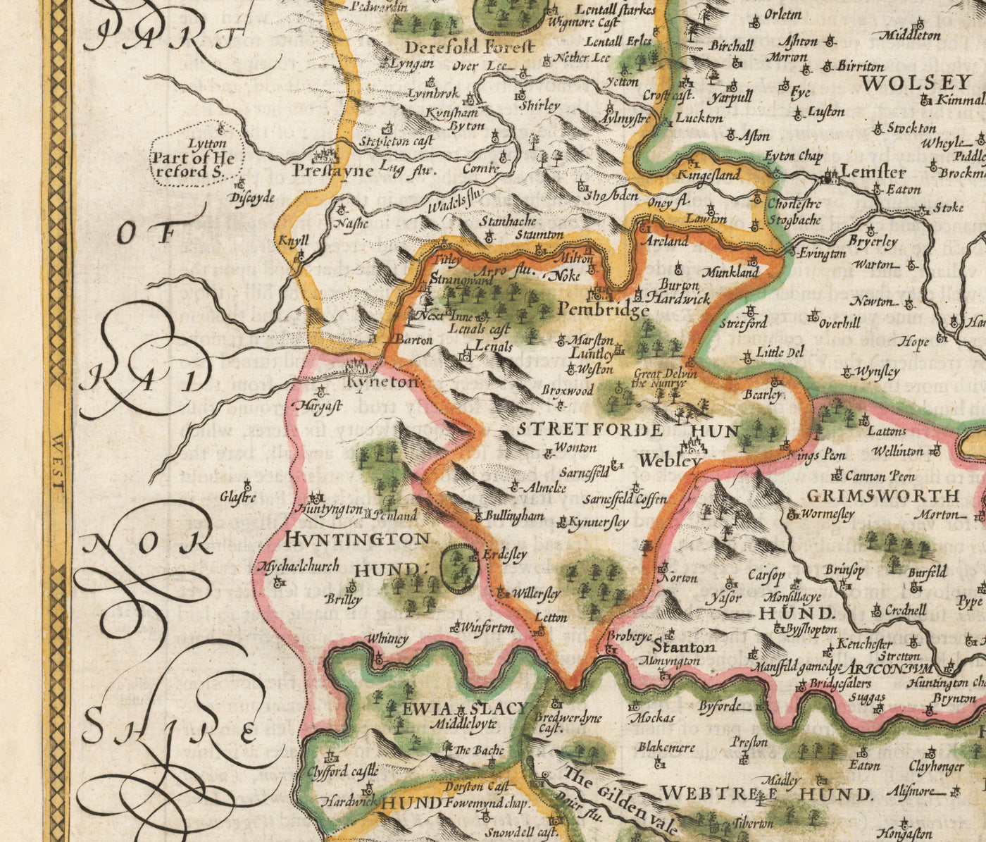 Ancienne carte de Herefordshire 1611 par John Vitesse - Hereford, Leominster, Ross-on-Wye, Ledbury, Bromyard