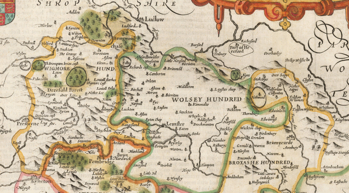 Viejo Mapa de Herefordshire 1611 por John Speed ​​- Hereford, Leominster, Ross-On-Wye, Ledbury, Bromyard