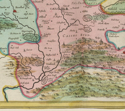 Mapa antiguo de Hertfordshire, 1665 por Blaeu - Stevenage, St Albans, Watford, Enfield, Barnet, Hatfield, Hemel Hempstead