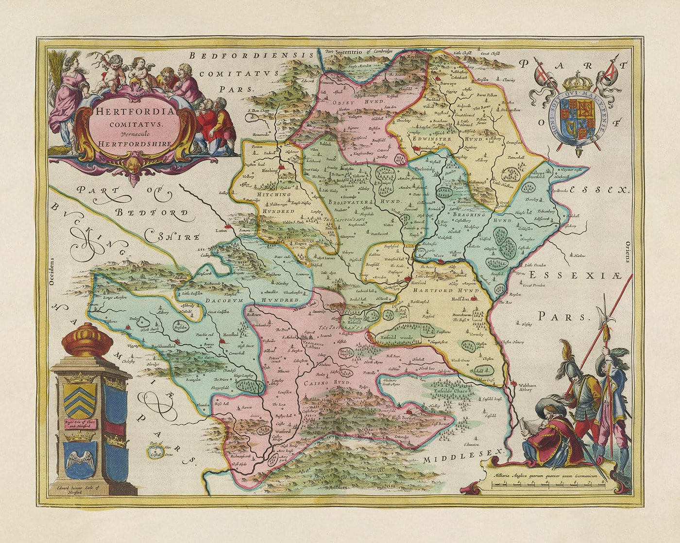 Ancienne carte du Hertfordshire, 1665 par Blaeu - Stevenage, St Albans, Watford, Enfield, Barnet, Hatfield, Hemel Hempstead