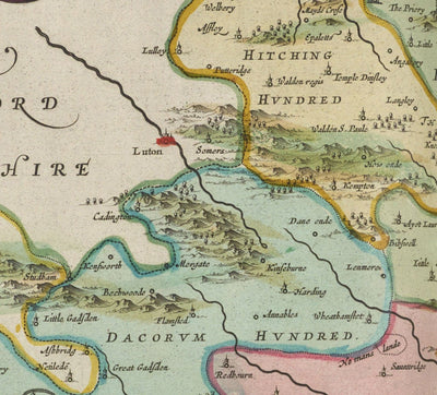 Mapa antiguo de Hertfordshire, 1665 por Blaeu - Stevenage, St Albans, Watford, Enfield, Barnet, Hatfield, Hemel Hempstead