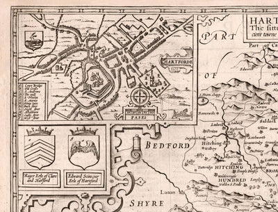 Alte Karte von Hertfordshire, 1611, John Speed ​​- Stevenage, St Albans, Watford, Hemel Hempstead