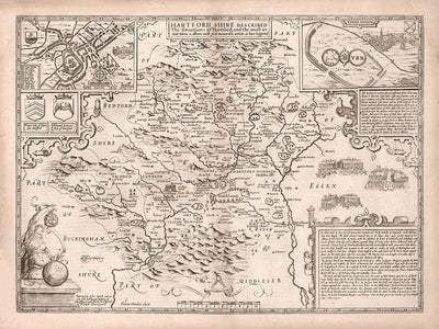 Ancienne Carte de Hertfordshire, 1611, John Speed ​​- Stevenage, St Albans, Watford, Hemel Hempstead