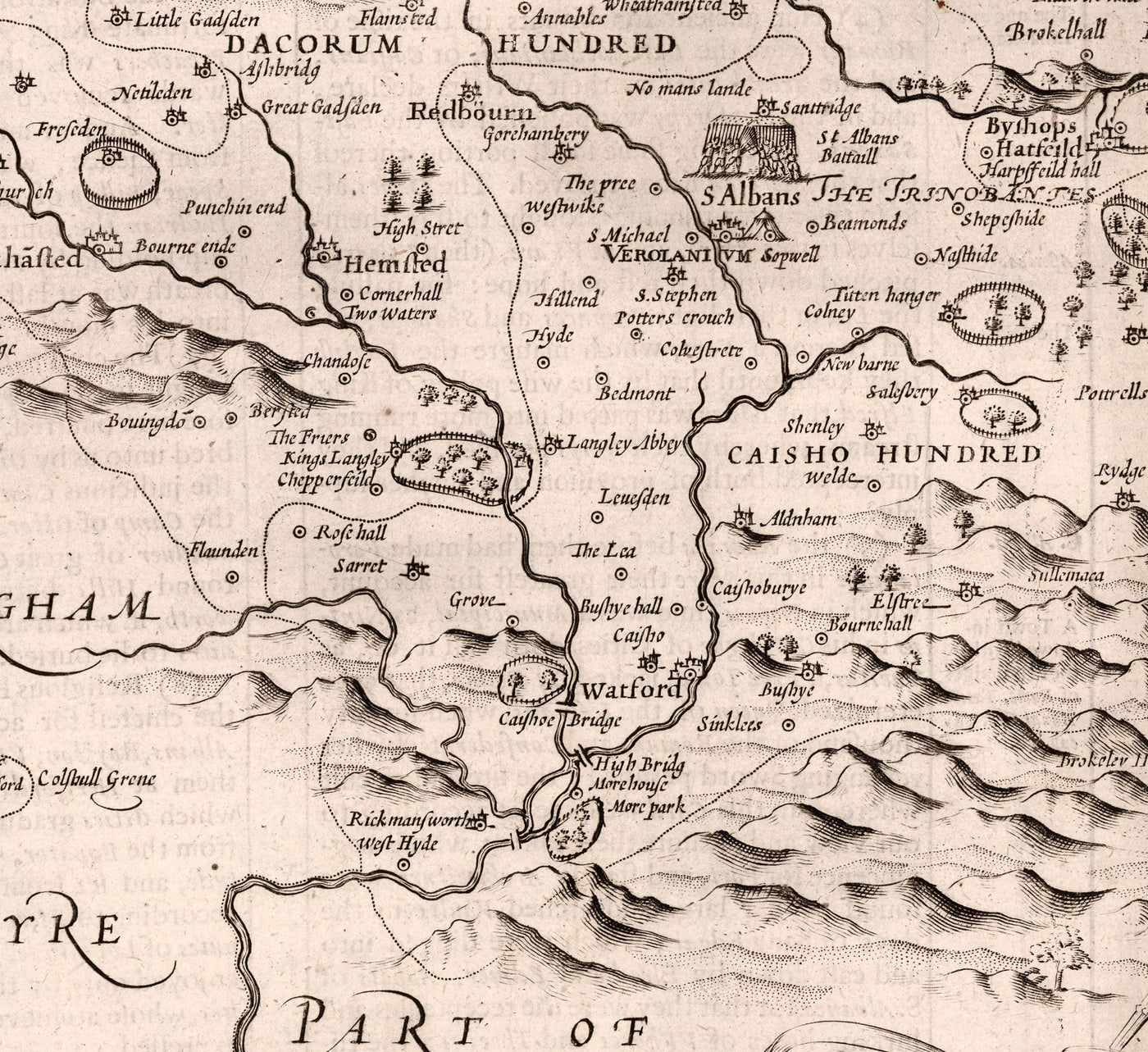 Alte Karte von Hertfordshire, 1611, John Speed ​​- Stevenage, St Albans, Watford, Hemel Hempstead