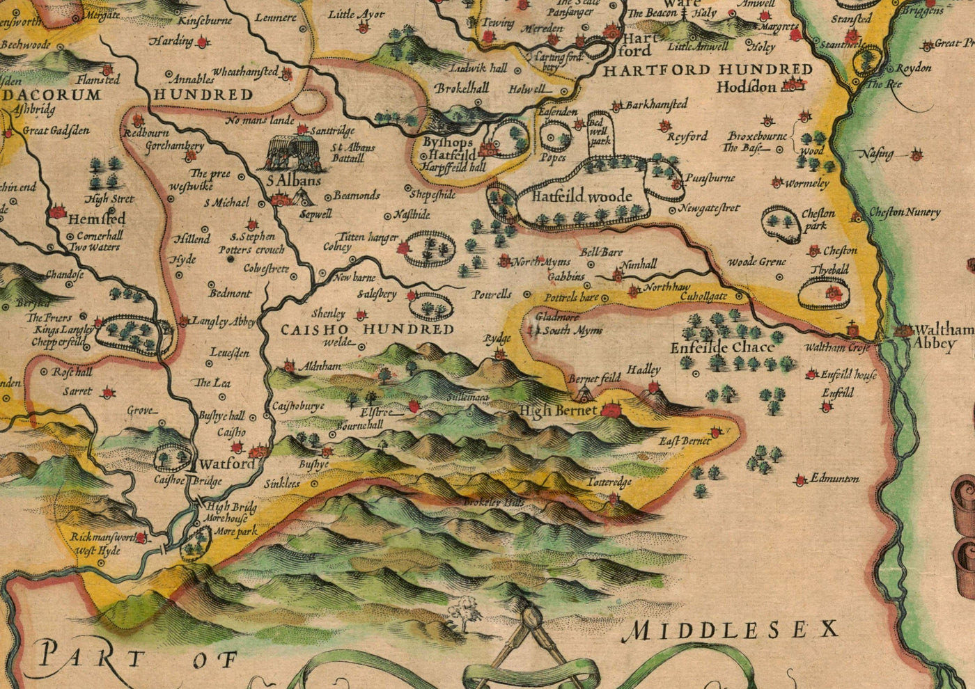 Ancienne carte de Hertfordshire en 1611 par John Speed ​​- Stevenage, St Albans, Watford, Hemel Hempstead
