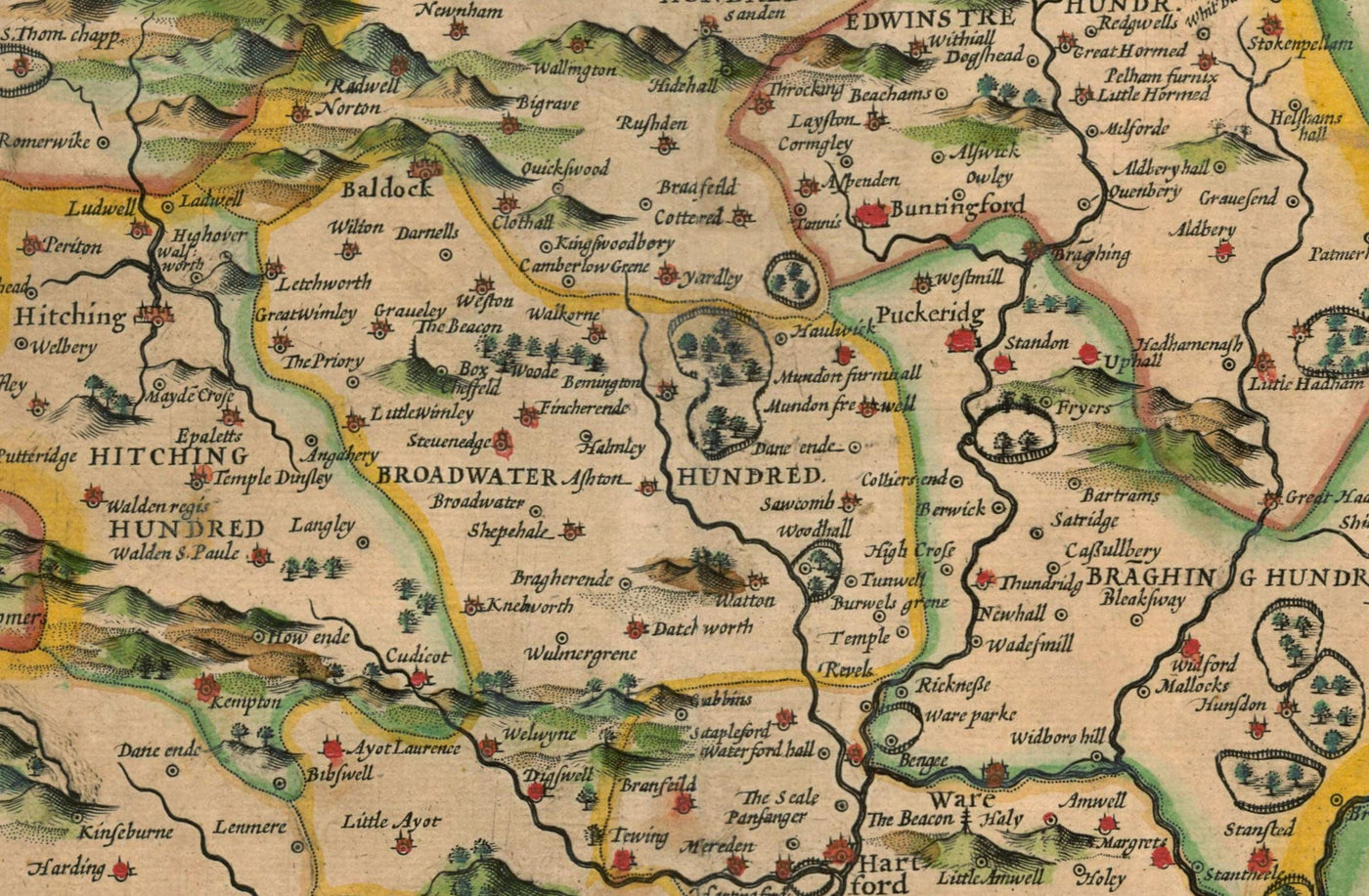 Alte Karte von Hertfordshire im Jahre 1611 von John Speed ​​- Stevenage, St Albans, Watford, Hemel Hempstead