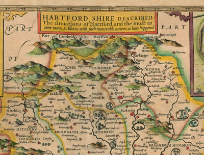 Viejo mapa de Hertfordshire en 1611 por John Speed ​​- Stevenage, St Albans, Watford, Hemel Hempstead