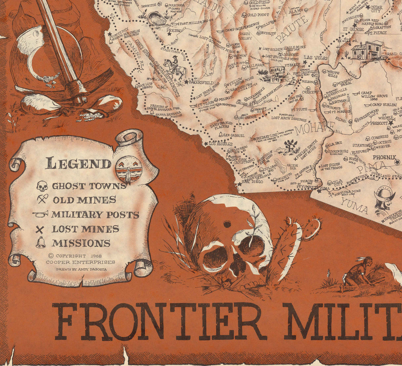 Ancienne carte de l'Ouest américain sauvage réalisée par Andy Dagosta en 1968 - Cowboys, Indiens, Outlaws, Frontier, Oregon Trail