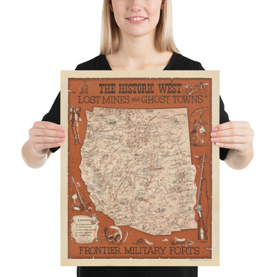 Antiguo mapa del Salvaje Oeste americano realizado por Andy Dagosta en 1968 - Cowboys, Indios, Forajidos, Frontera, Oregon Trail