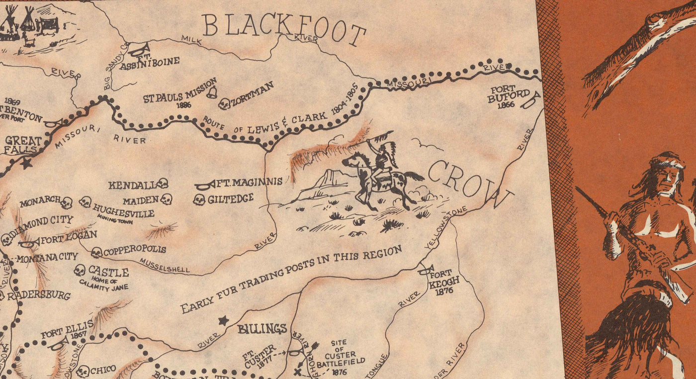 Antiguo mapa del Salvaje Oeste americano realizado por Andy Dagosta en 1968 - Cowboys, Indios, Forajidos, Frontera, Oregon Trail