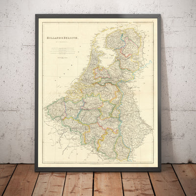 Mapa antiguo de Holanda y Bélgica, 1858 - Países Bajos, Flandes, Luxemburgo, Bruselas, Bruge, Amsterdam, Amberes
