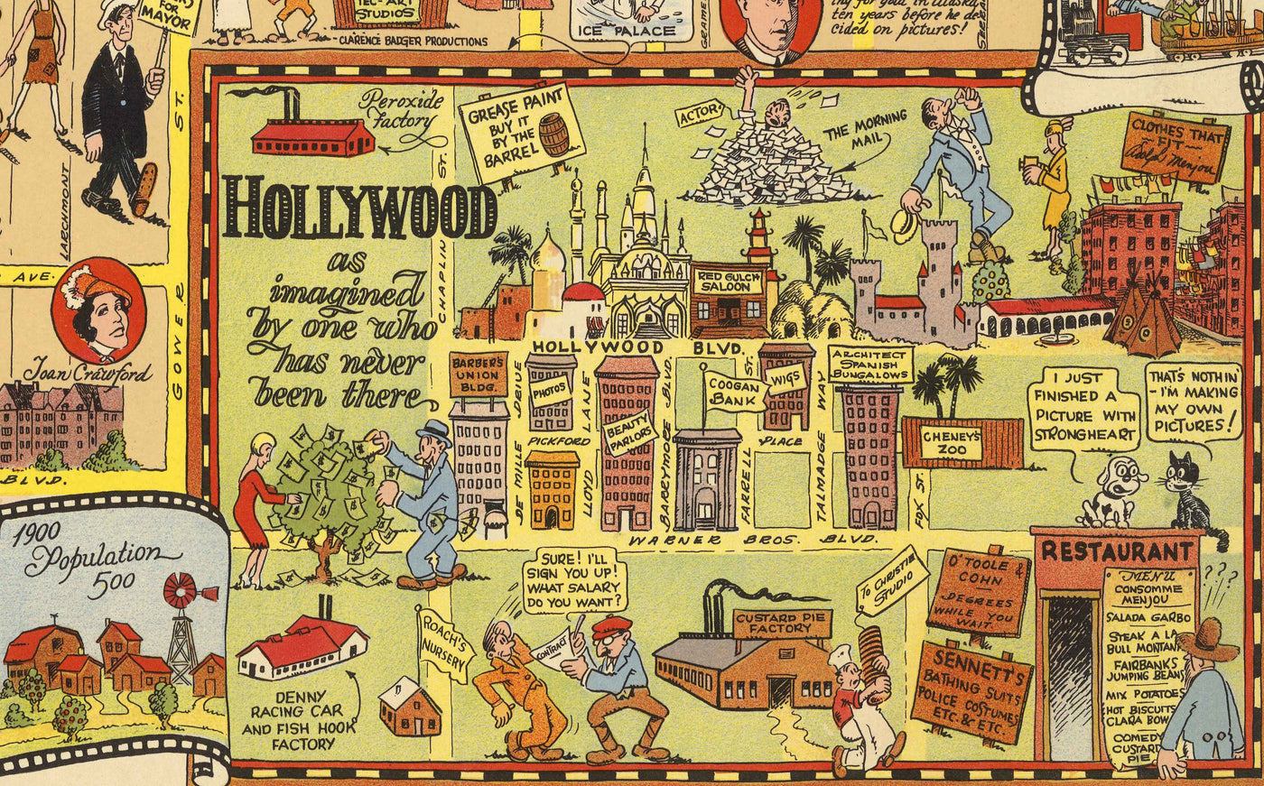 Ancienne carte de l'âge d'or d'Hollywood, 1928, par Harrison Godwin - Charlie Chaplin, Greta Garbo, stars et studios de cinéma