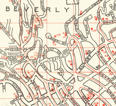 Antiguo mapa de recuerdo de Hollywood de "Starland", 1956 - Beverly Hills, Bel Air, Sunset, casas y direcciones de estrellas de cine