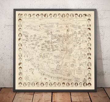 Mappa Pittorica Antica di Hollywood Starland, 1937 di Don Boggs - Stelle del Cinema, Storia del Cinema, Beverly Hills, Santa Monica, Malibu 