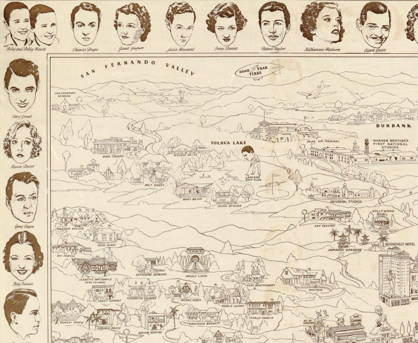 Old Pictorial Map of Hollywood Starland, 1937 by Don Boggs - Movie Stars, Film History, Beverly Hills, Santa Monica, Malibu