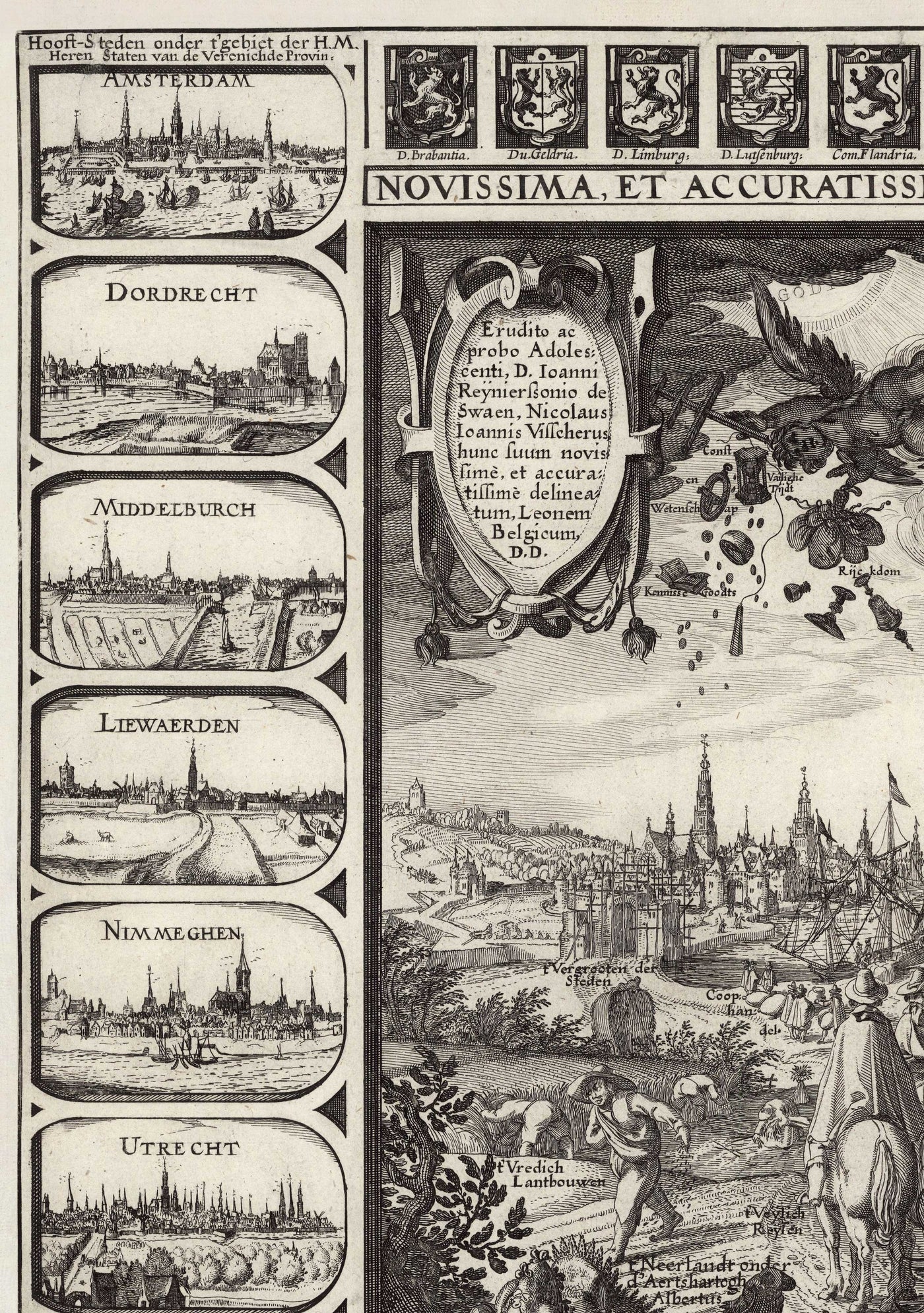 Antiguo mapa Leo Belgicus de los Países Bajos en 1611 por C. Janszoon Visscher - Países Bajos, Bélgica, Bruselas, Amsterdam, Genk