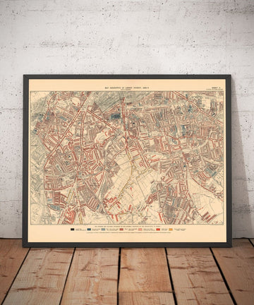 Mapa de la pobreza en Londres 1898-9, fuera del distrito sur, por Charles Booth - Oval, Brixton, Herne Hill, Lambeth - SW8, SW9, SW2, SE5, SE24, SE22, SE15