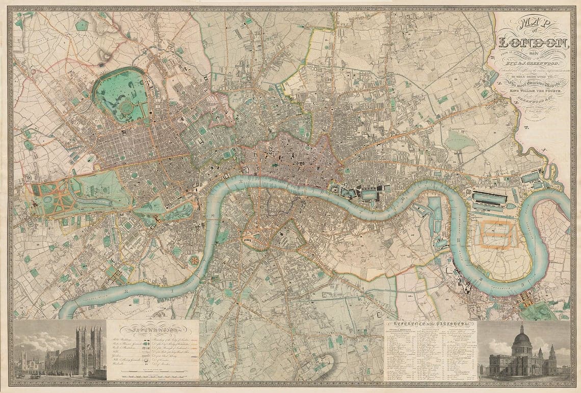 Mapa antiguo de Londres - Antiguo Tríptico enmarcado Arte de la pared - Greenwood 1830 o Mapa de la pobreza 1898