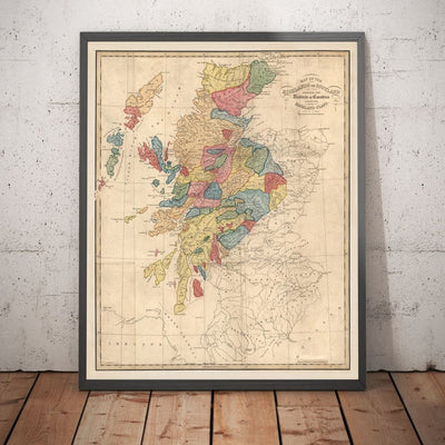 Schottland Clan-Karte - Seltene Farbkarte der Highlands von Schottland von WH Lizars, 1822