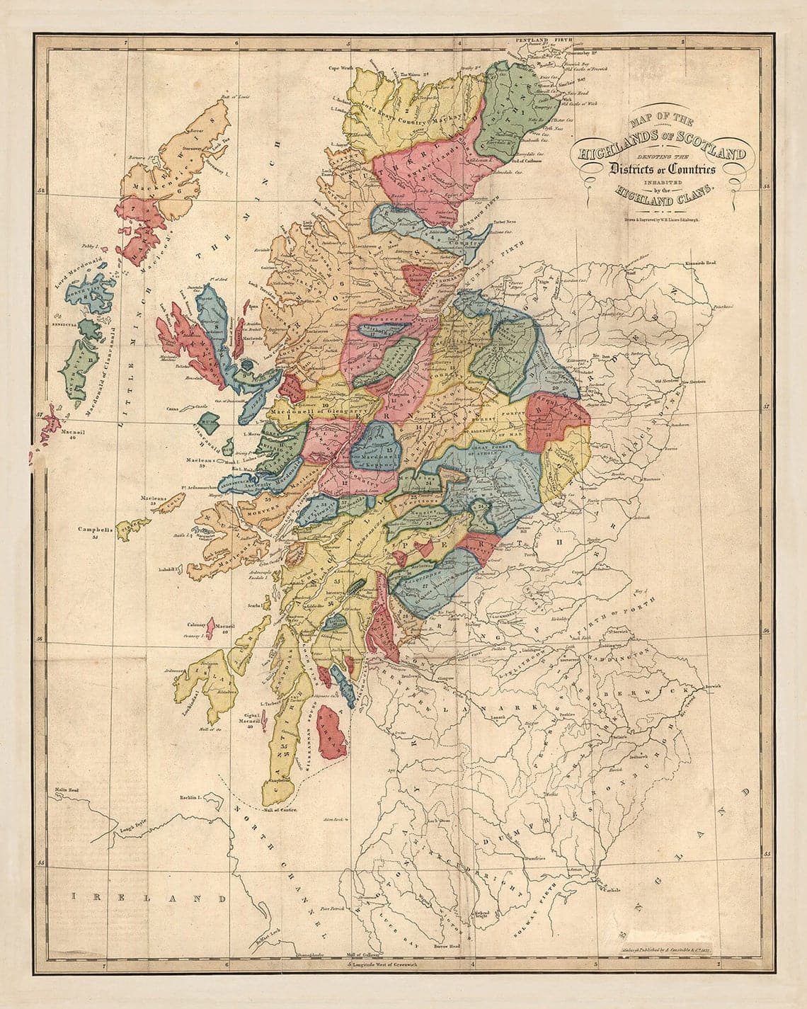 Mapa de clanes de Escocia - Raro mapa en color de las Tierras Altas de Escocia por WH Lizars, 1822