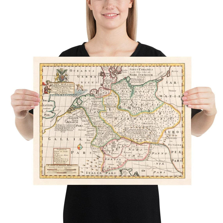 Mappa Antica della Germania, 1712 - Germania, Tribù Germaniche, Norico, Rezia, Austria, Svizzera, Polonia, Danimarca 