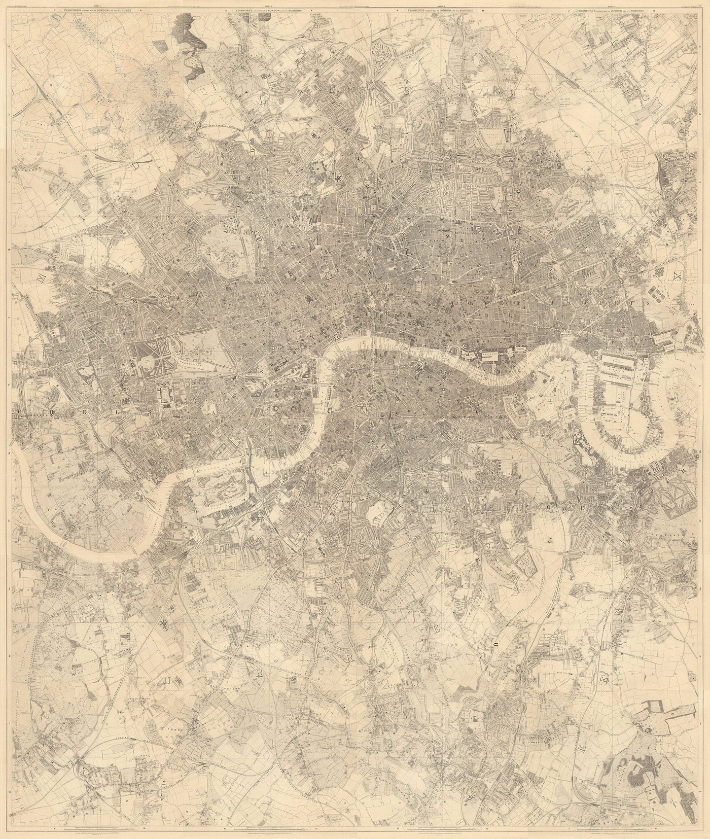 Gran mapa antiguo de Londres de Edward Stanford (1862, 1891) - Monocromo, Támesis azul o coloreado a mano