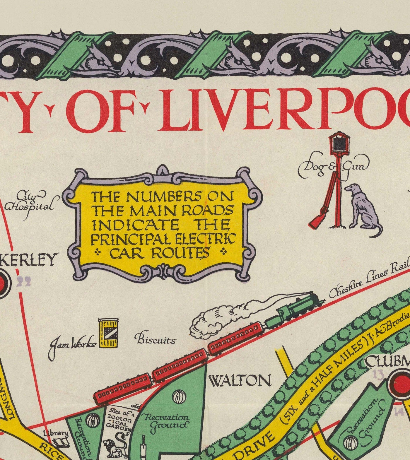 Ancienne carte de Liverpool, 1934 par GH Parry - Tableau de la ville pictoriale - Mersey, quais, parcs, bâtiments anciens