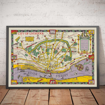 Viejo mapa de Liverpool, 1934 de GH Parry - Gráfico de la ciudad pictórica - Mersey, muelles, parques, edificios antiguos