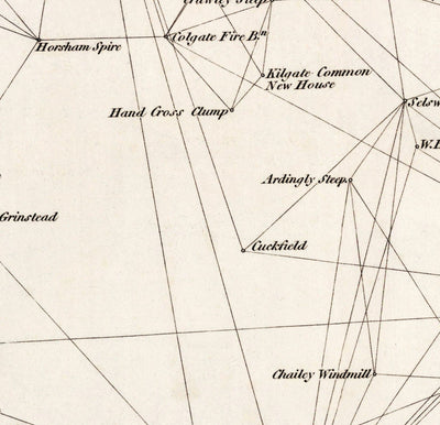 Ancienne Carte de Sussex, 1811 - Première triangulation Ordnance Article de l'enquête - Hills, Châteaux, Steeplés