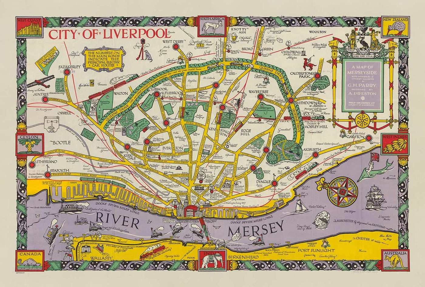 Old Map of Liverpool, 1934 by GH Parry - Pictorial City Chart - Mersey, Docks, Parks, Old Buildings