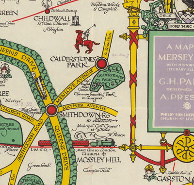 Alte Karte von Liverpool, 1934 von GH Parry - Bildernd City Chart - Mersey, Docks, Parks, Altbauten