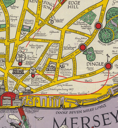 Viejo mapa de Liverpool, 1934 de GH Parry - Gráfico de la ciudad pictórica - Mersey, muelles, parques, edificios antiguos