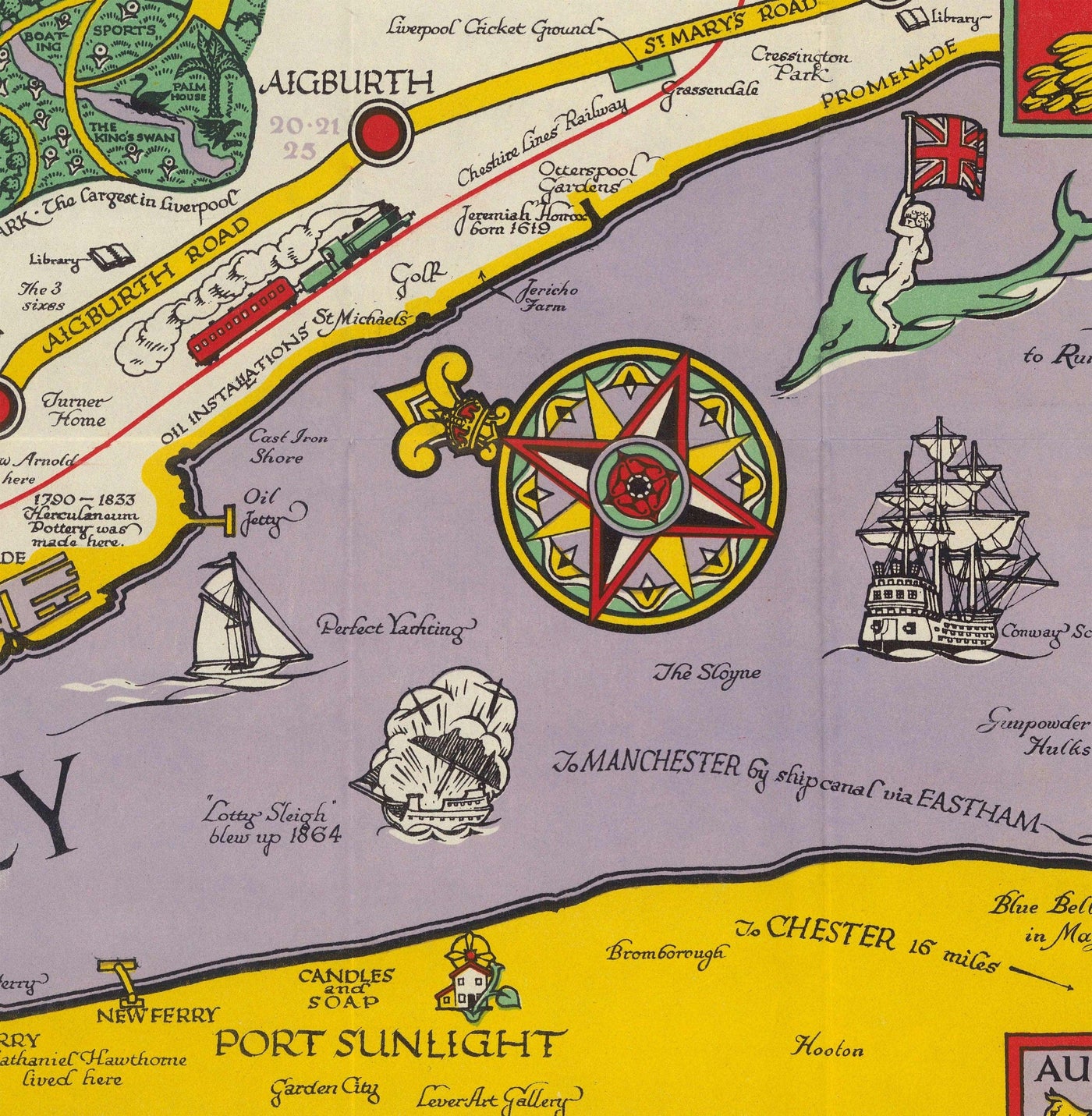 Viejo mapa de Liverpool, 1934 de GH Parry - Gráfico de la ciudad pictórica - Mersey, muelles, parques, edificios antiguos
