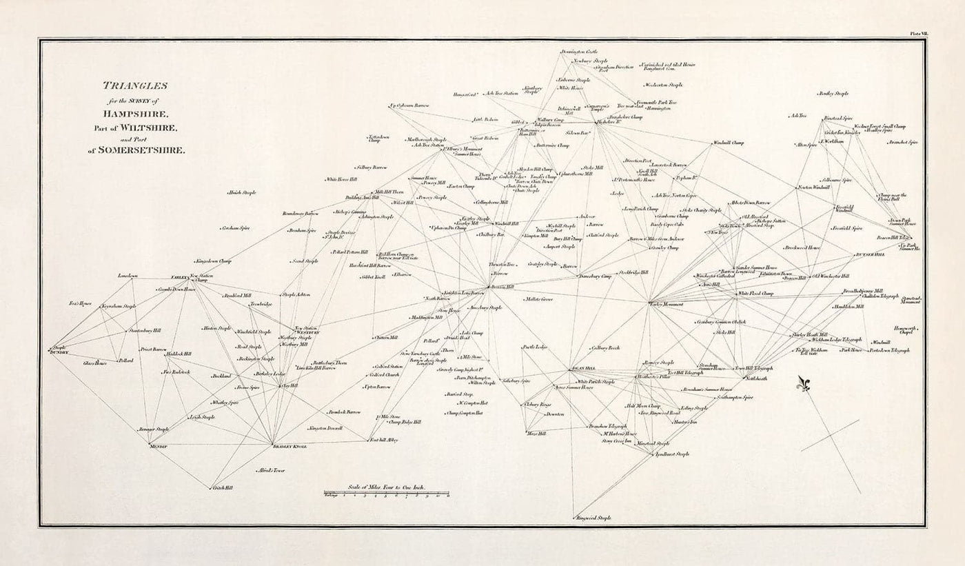 Ancienne carte de Hampshire, 1811 - Première triangulation Ordnance Article - Hills, Châteaux, Steeplés