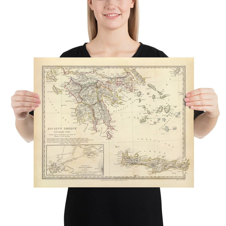 Mappa antica della Grecia, 1829, di SDUK - Creta, Egeo, Atene, Arcadia, Attica, Cicladi, Zante 
