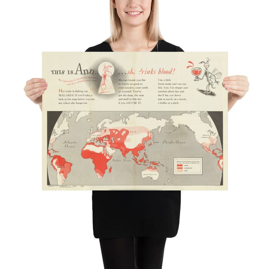 Mapa del Mundo Viejo por el Dr. Seuss, 1943 - Gráfico de pared del Malaria del Ejército de los EE. UU. Desde la Segunda Guerra Mundial