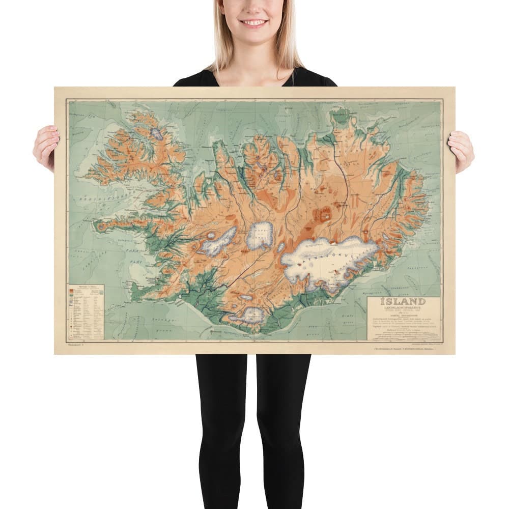 Mapa antiguo de Islandia por Samuel EggTertsson, 1928 - Reykjavik, Keflavik, Geysir, Gulfoss, Volcanes, Glaciares