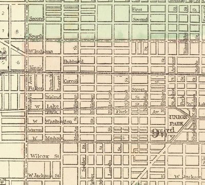 Viejo mapa de Chicago después del Gran Fuego, 1871, Gaylord Watson - Downtown, Lake Michigan, Río, Wards, Burnt District