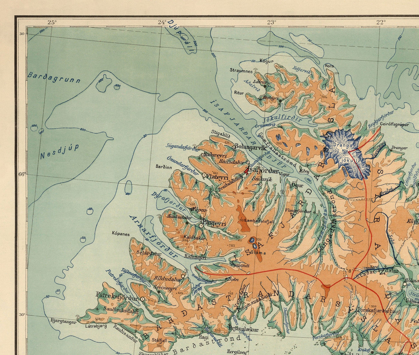 Alte Karte von Island von Samuel Eggertsson, 1928 - Reykjavik, Keflavik, Geysir, Gulfoss, Vulkane, Gletscher