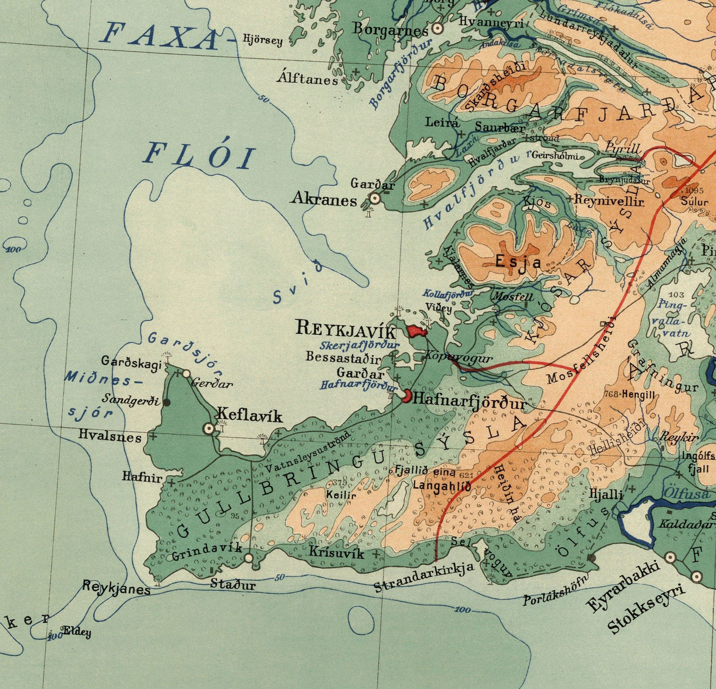 Mapa antiguo de Islandia por Samuel EggTertsson, 1928 - Reykjavik, Keflavik, Geysir, Gulfoss, Volcanes, Glaciares