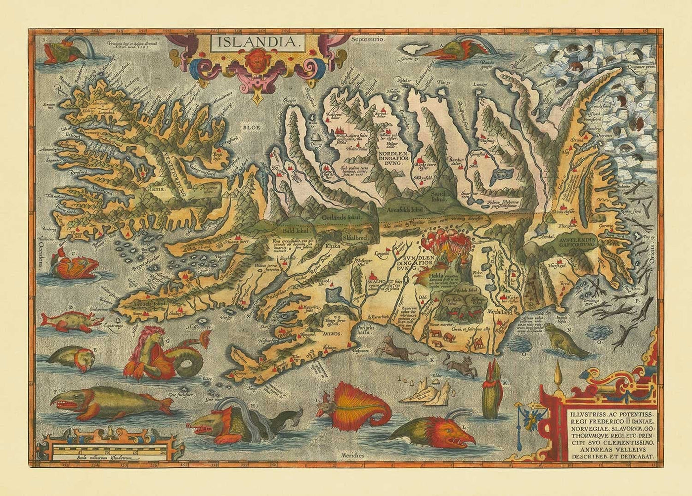 Seltene alte Landkarte von Island von Ortelius, 1603-Reykjavik, Keflavik, Vulkane, Berge, Fjorde, Gletscher, Sea Monsters