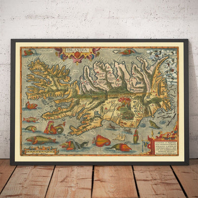Mapa antiguo raro de Islandia por Ortelius, 1603 - Reykjavik, Keflavik, volcanes, montañas, fiordos, glaciares, monstruos marinos