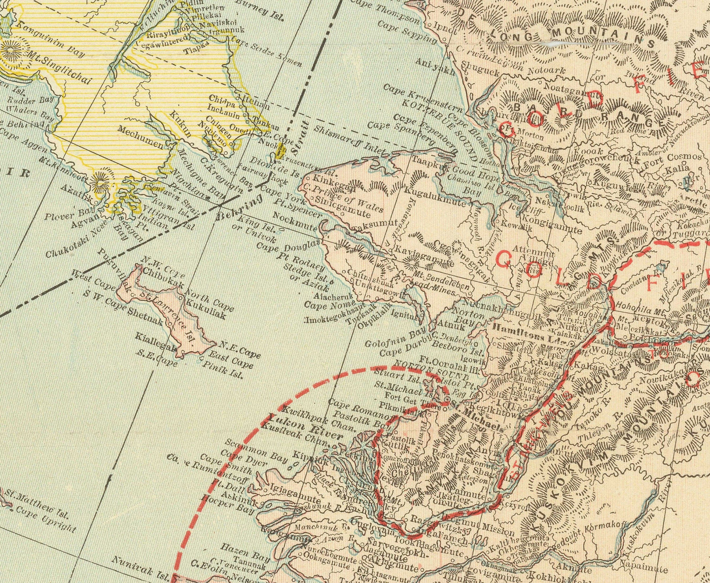 Ancienne carte d'Alaska, 1897 - Klondike Yukon Gold Rush - Inuit & Eskimos et Îles Aleutenes
