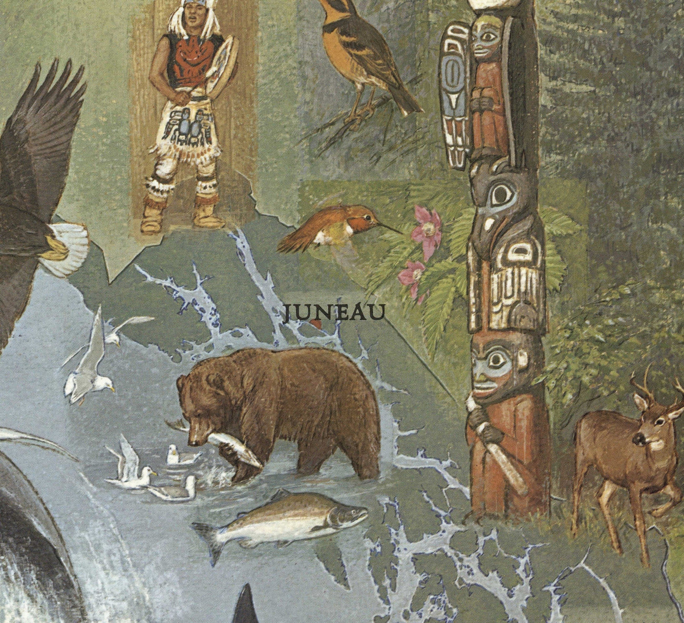 Ancienne carte de l'Alaska de WD Berry, 1967 - Eskimos, Inuits et Animaux - Anchorage, Yukon, Denali / McKinley
