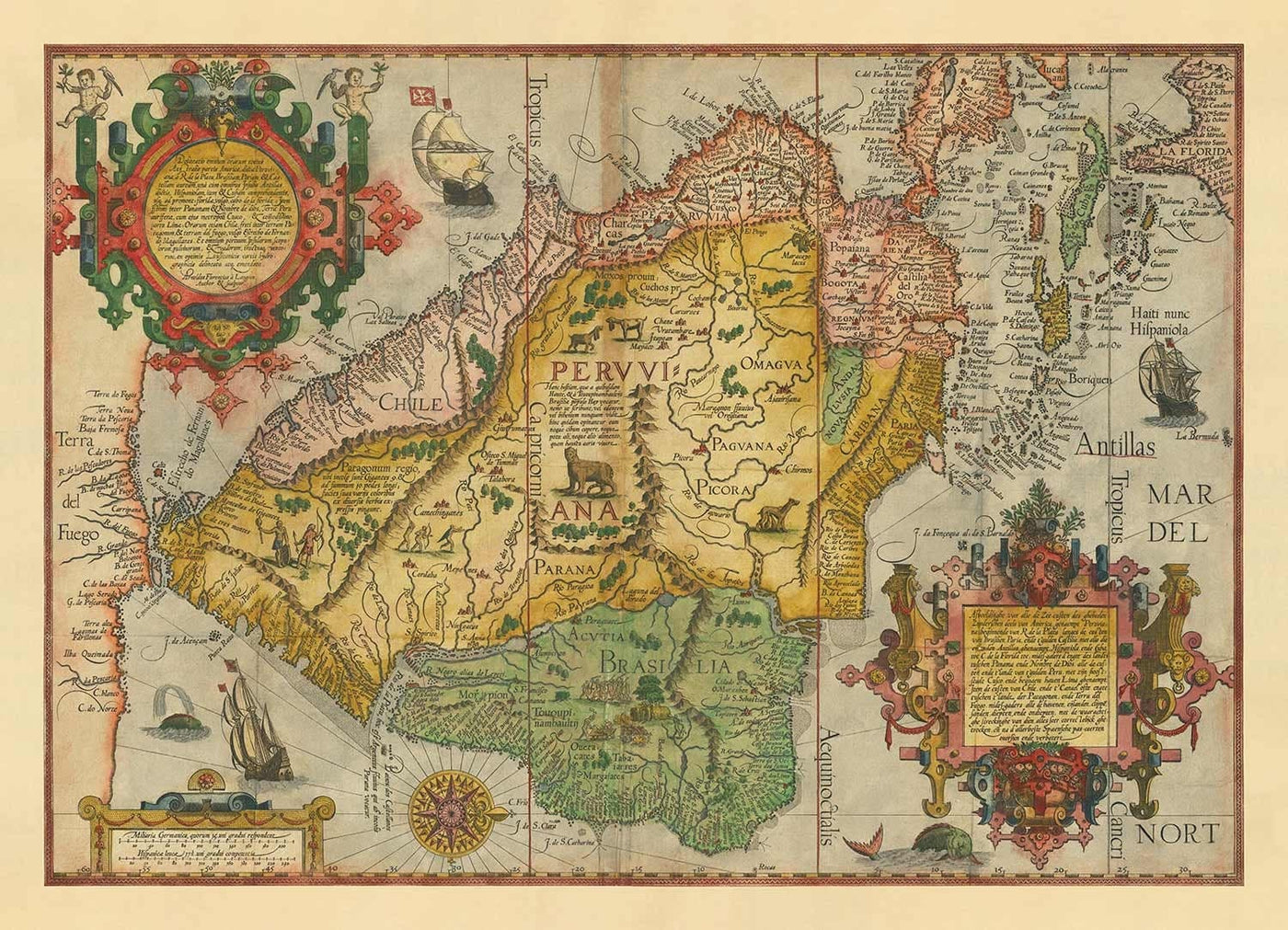 Ancienne carte de l'Amérique du Sud par Linschoten, 1596 - Brésil, Pérou, Chili, Caraïbes, Floride, Espagnole et Portugues Colères