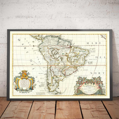 Ancienne carte d'Amérique du Sud de Coronelli 1690 - Brésil, colonies espagnoles, Pérou, Paraguay, Venezuela, Magellanica, Amazonie
