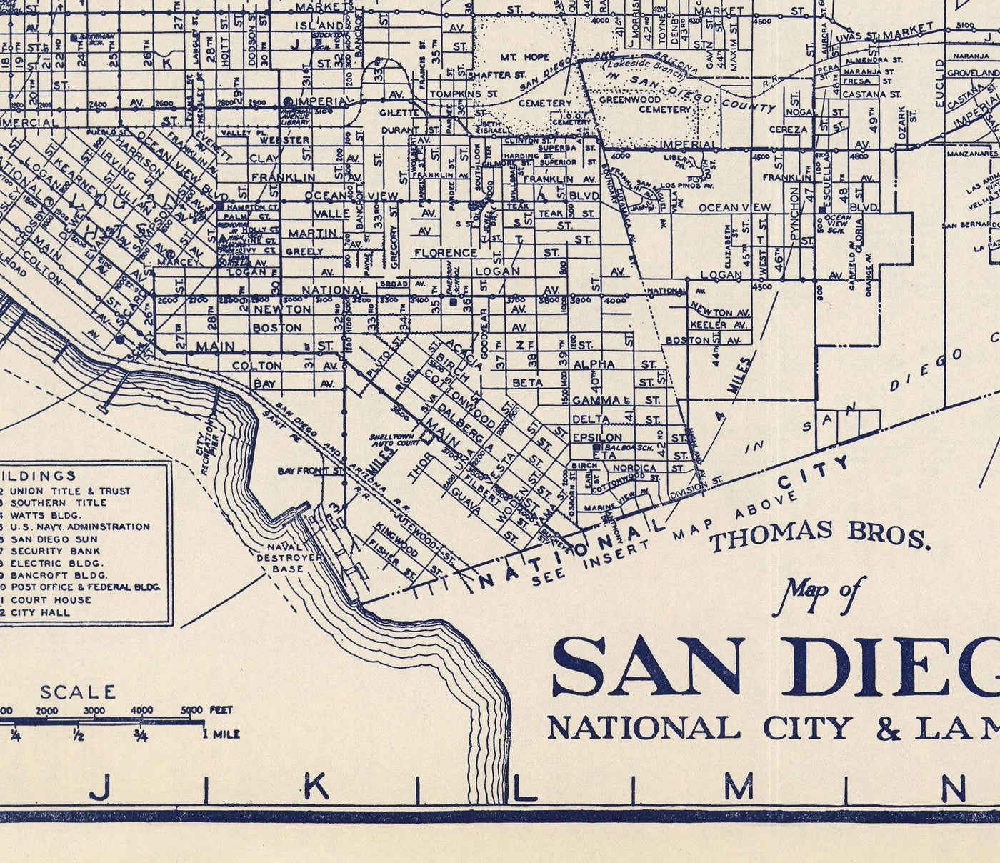 Viejo mapa de San Diego, 1938 por Thomas Bros - Ciudad Nacional, La Jolla, La Mesa, Downtown, Balboa Park & ​​Zoo, Isla Norte