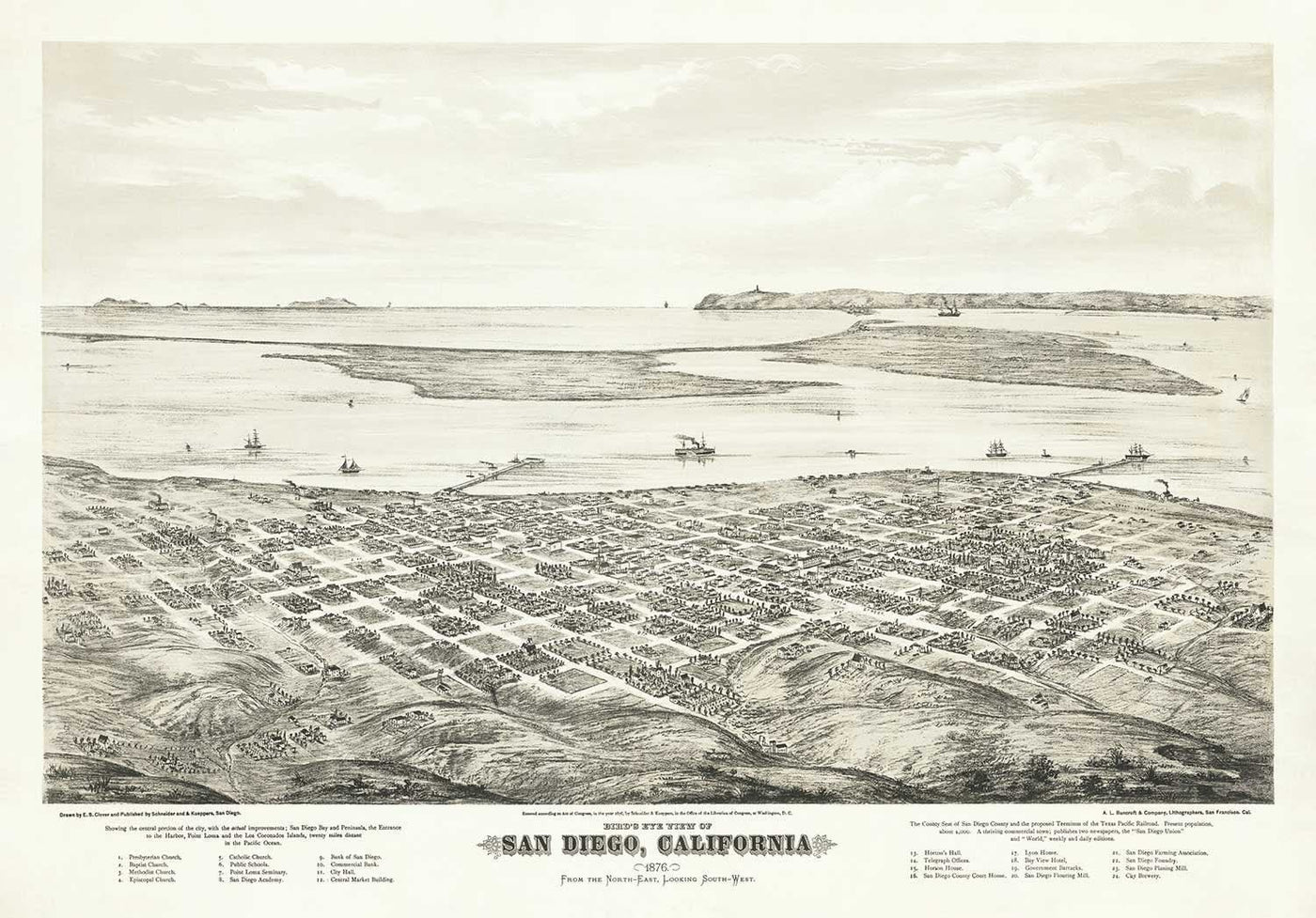 Rare ancienne carte de San Diego par Eli Sheldon Glover, 1876 - Birds oeil, centre-ville de Oldtown, Village est, Cortez Hill