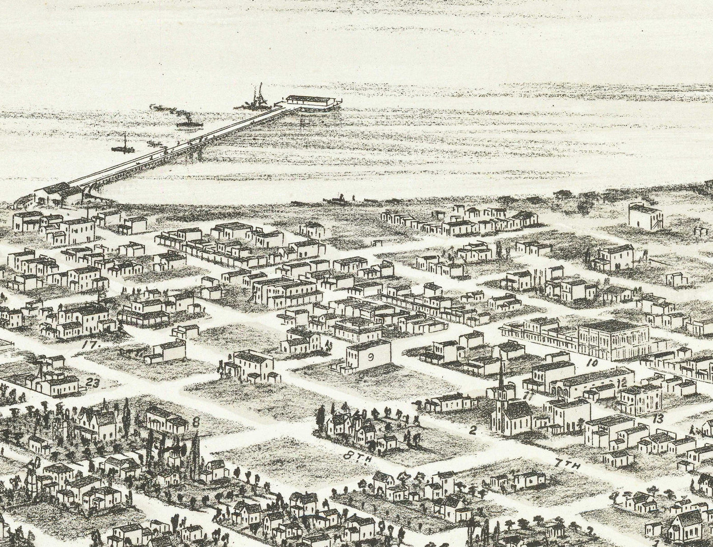 Seltene alte Karte von San Diego von Eli Sheldon Glover, 1876 - Vögelauge, Downtown Oldtown, East Village, Cortez Hill