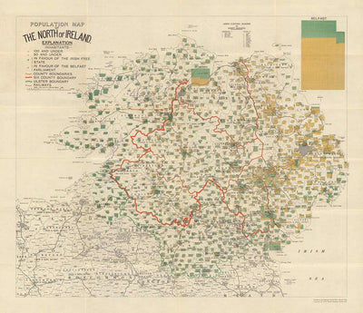 Viejo mapa de Irlanda del Norte, Ulster en 1923 - Estado libre irlandés, diagrama de población del Tratado de Anglo-Irlandés